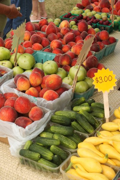 Fruits and vegetables for sale at a farmers market