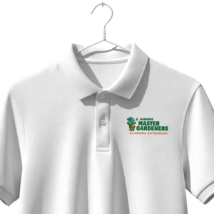 White polo with the Alabama Extension Master Gardeners logo.