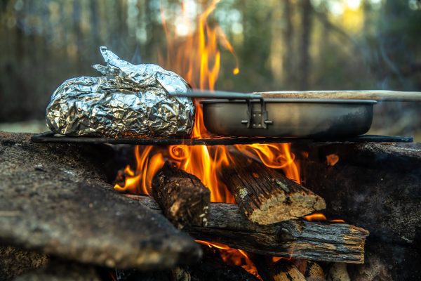 Food cooking over a fire