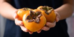 Ripe persimmon fruit holding by woman hand