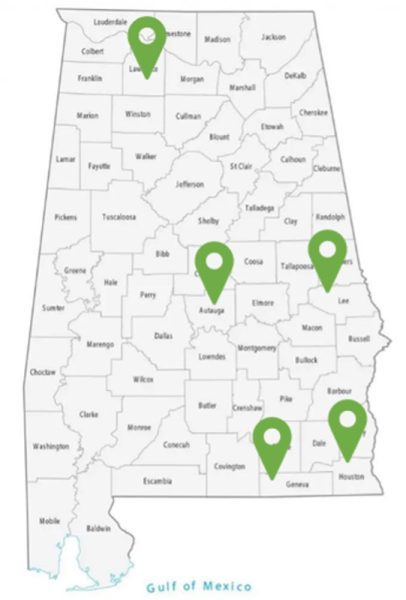 Cover Crop Demonstration locations on an Alabama state map.