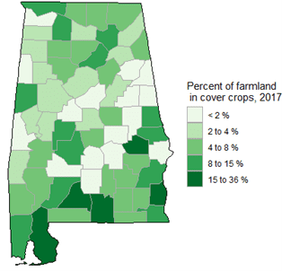 Figure 1. Percentage of Alabama cropland in cover crops in 2017.