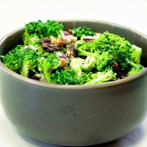 Everyday Broccoli Salad, green vegetable in grey bowl