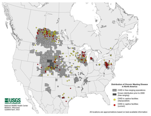 Figure 1. Known CWD cases in North America as of April 2022 (United States Geological Survey, National Wildlife Health Center) 