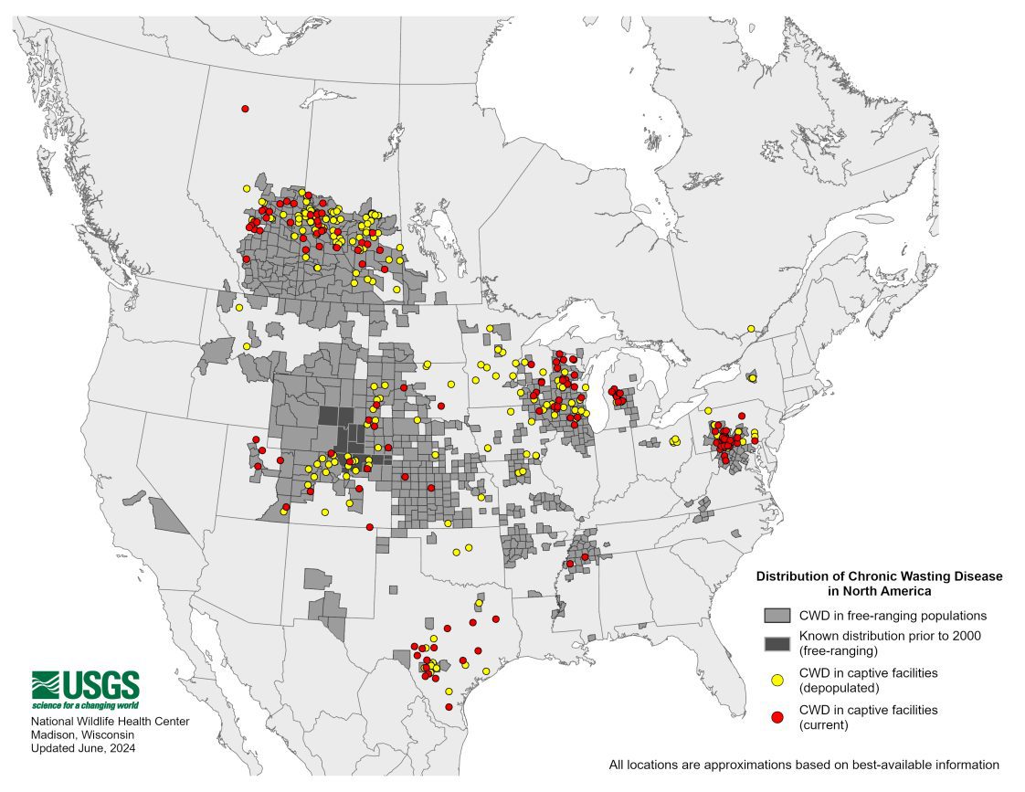 Figure 1. Known CWD cases in North America as of June 2024 (United States Geological Survey, National Wildlife Health Center)