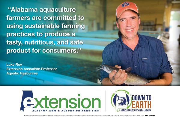 “Alabama aquaculture farmers are committed to using sustainable farming practices to produce a tasty, nutritious, and safe product for consumers.” – Luke Roy, Extension Associate Professor, Aquatic Resources