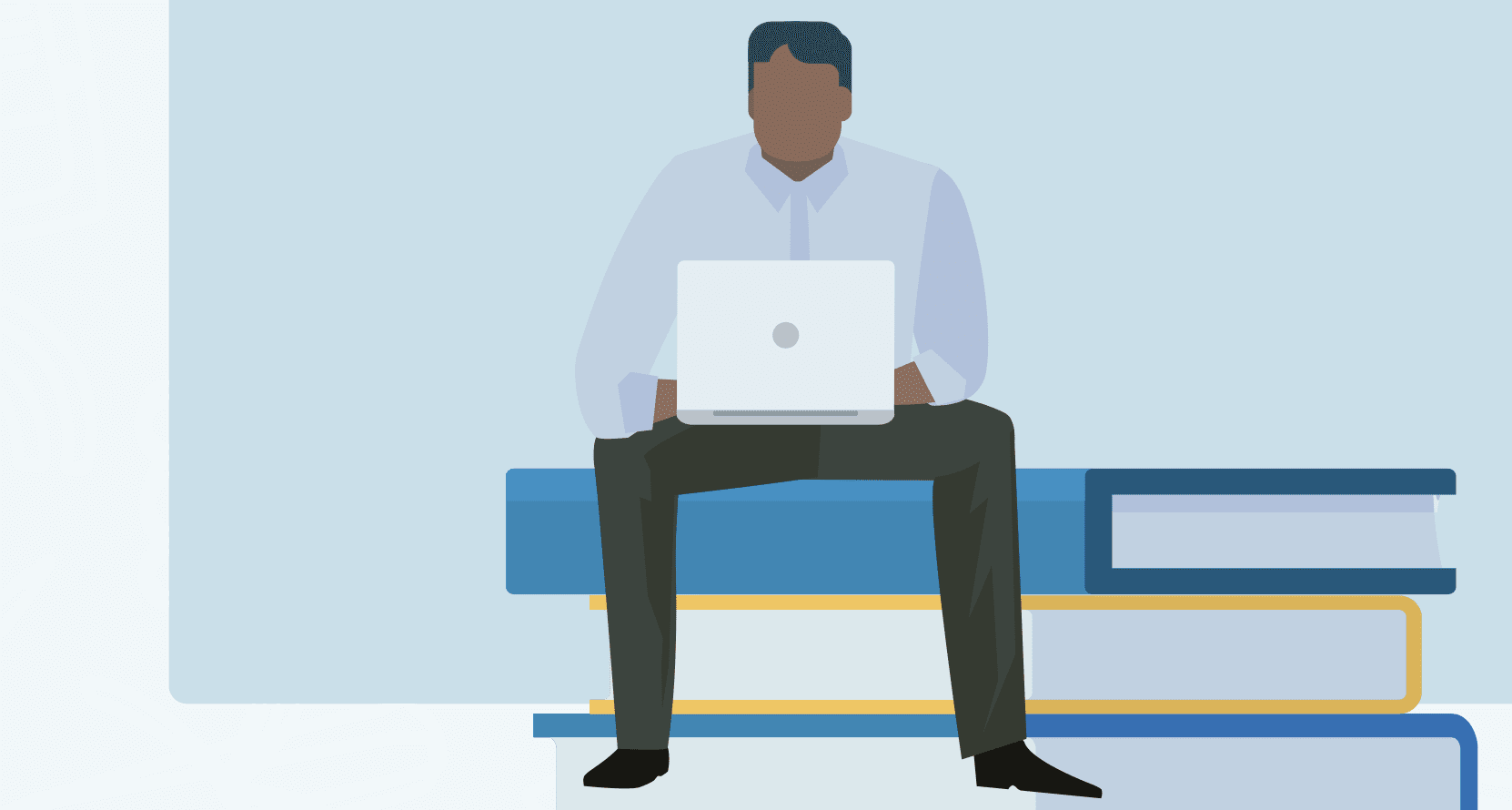 Illustrated black man sitting on a pile of books