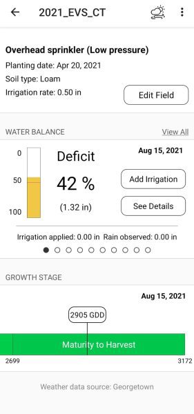 Figure 4. Smartirrigation corn app user’s interface for a farm near Shorter, Alabama.