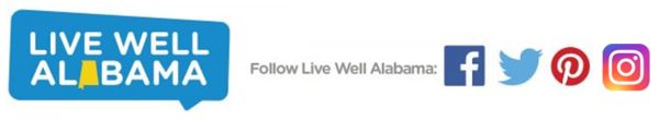 Live Well Alabama mark wih the Facebook, Twitter, Pinterest, and Instagram logos