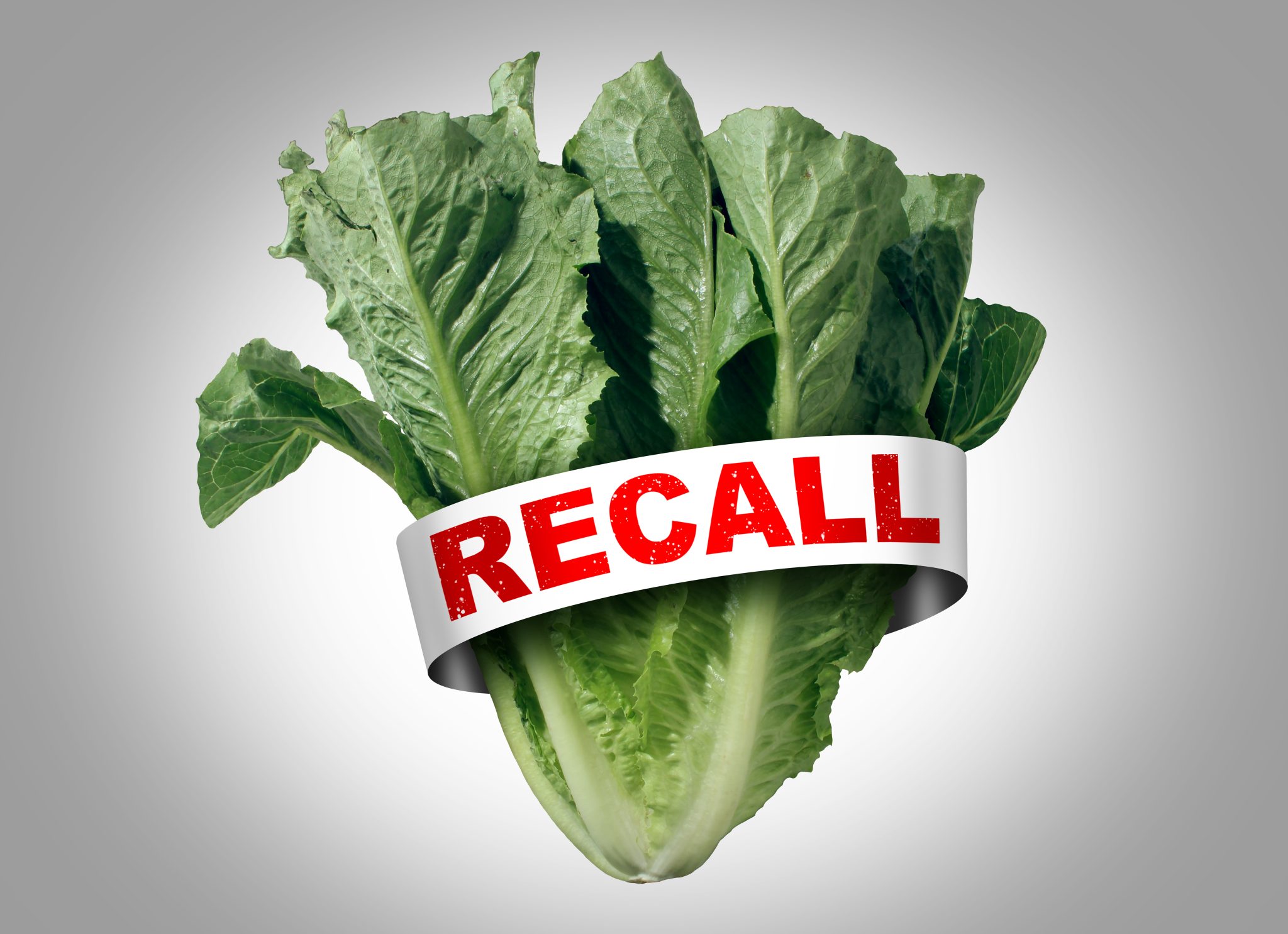 Romaine lettuce with a recall banner around it