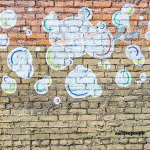 bubble mural on brick wall