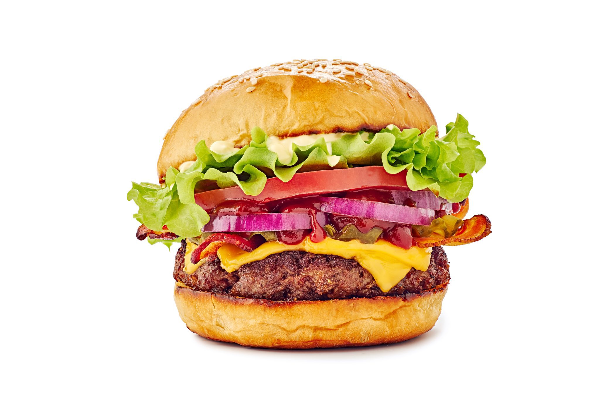 Juicy hamburger on white background