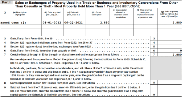 Figure 3. Andalusia Cattle Company LLC Form 4797 Part I
