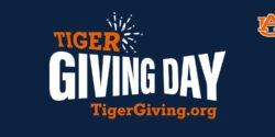 A dark blue background with the words, "Tiger Giving Day Tiger Giving.org" in orange and white. The Auburn University logo is in the top right corner.