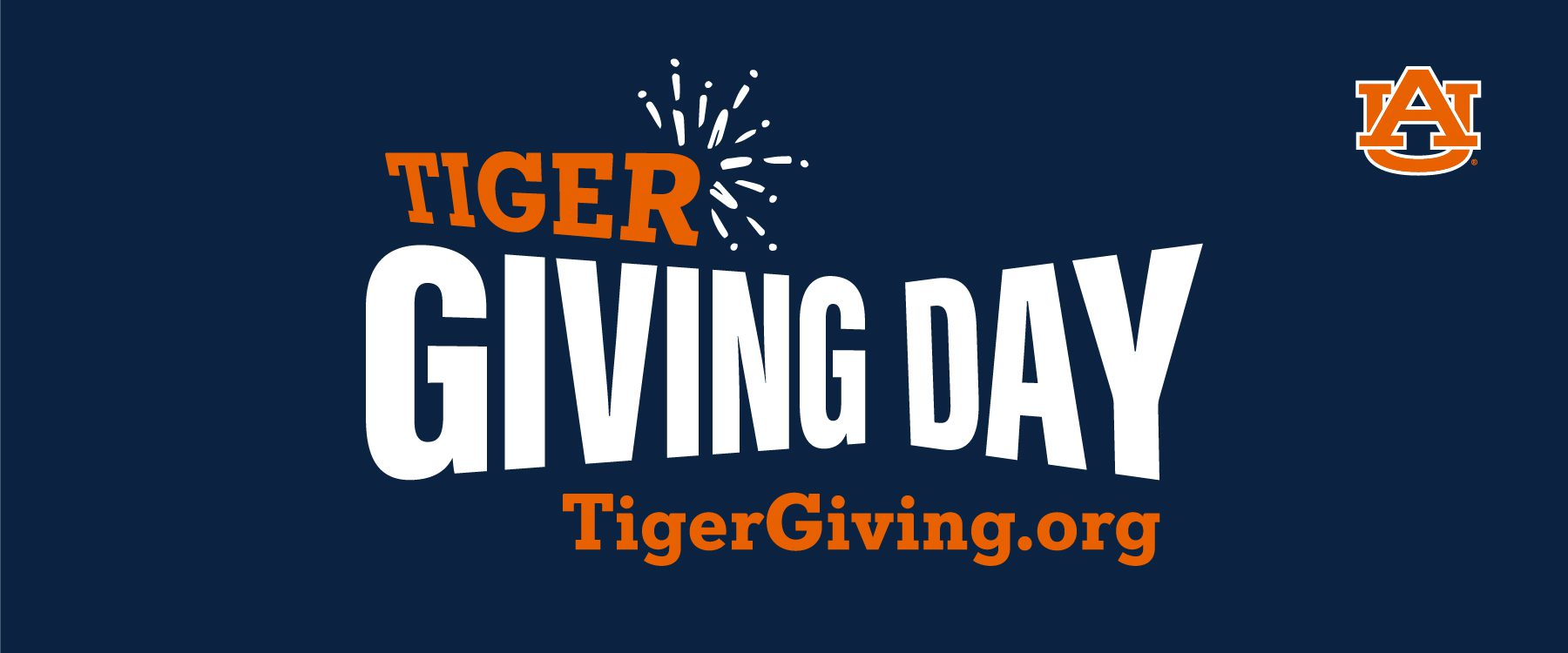 A dark blue background with the words, "Tiger Giving Day Tiger Giving.org" in orange and white. The Auburn University logo is in the top right corner.