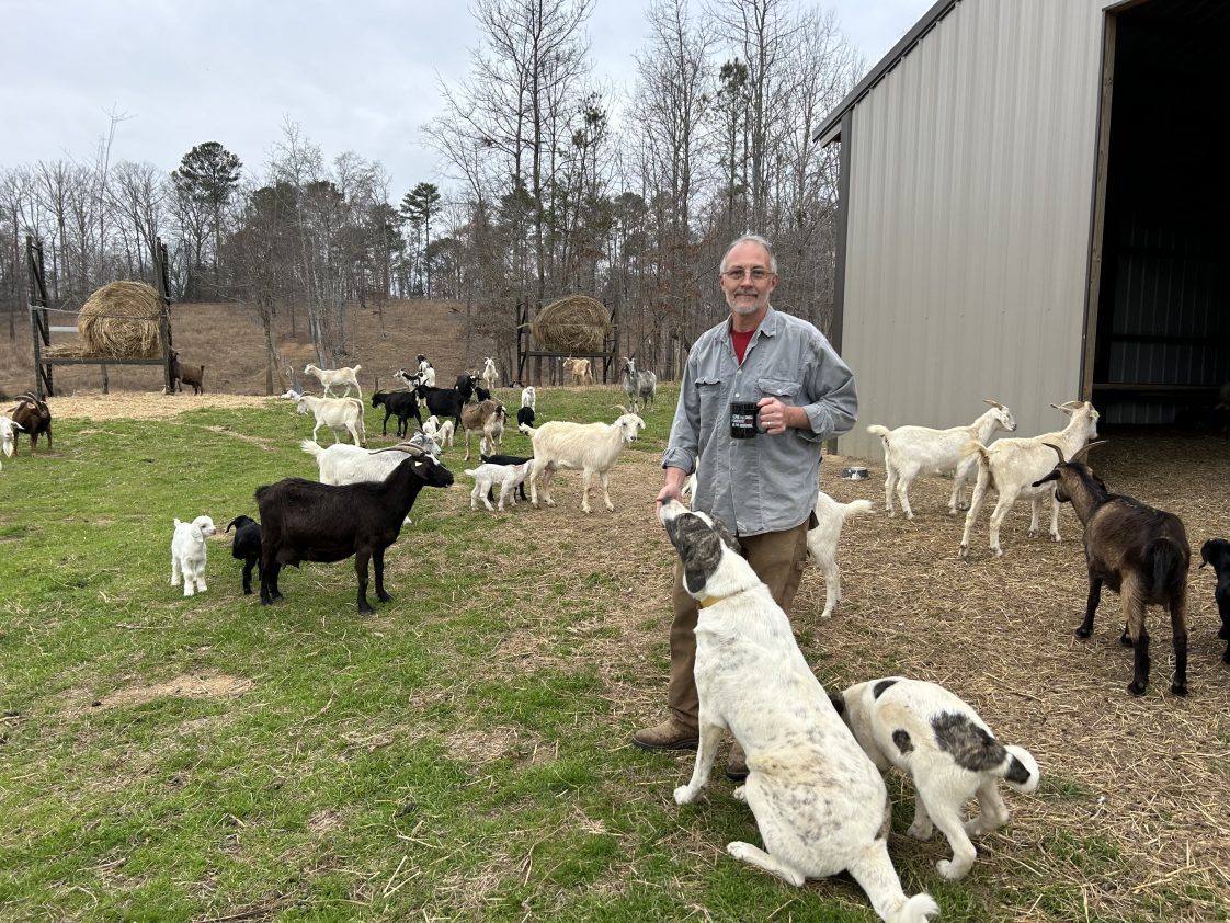 Jeff Lamote standing around goats on his farm.