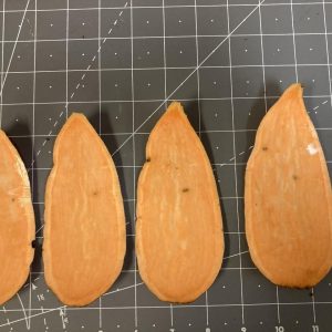 Figure 3. Sweet potatoes after slicing with darkened areas where the root-knot females are embedded.