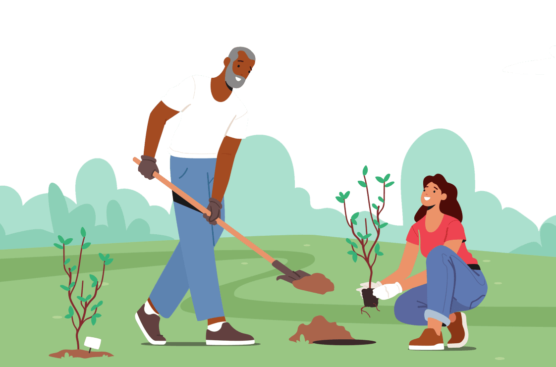An illustrated man and woman planting trees in their yard.