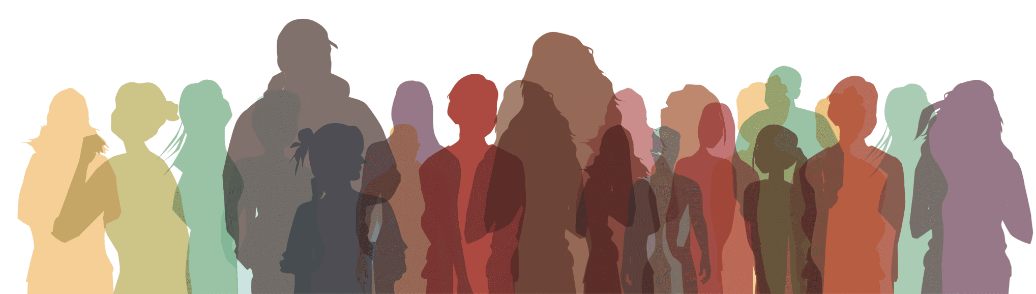 graphic of a group of men and women in different silhouettes and different opaque colors