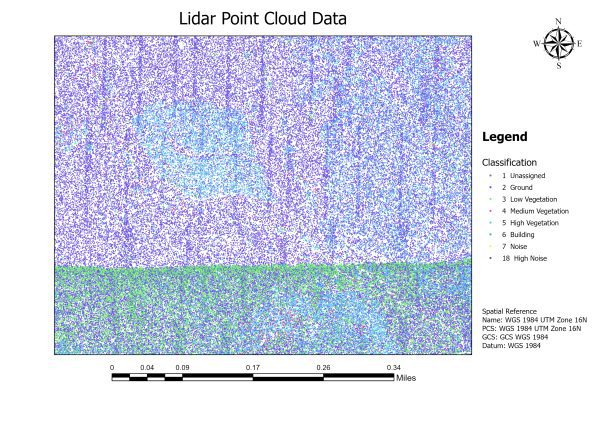 Figure 1. LiDAR point cloud data of Mary Olive Thomas Demonstration Forest in Auburn, Alabama, illustrating the 2D distribution of points captured by LiDAR technology (data source: OpenTopography).