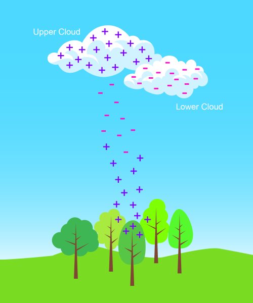 Figure 2. Lightning strikes occur when negative charges reach down from the base of storm clouds and a swell of positive charges comes up from the ground. When the two meet, a strike occurs. The tallest objects will have the greatest probability of being struck.