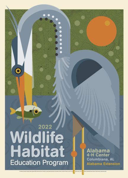 The 2022 Wildlife Habitat Education Program poster, which has an illustrated blue heron with a fish in its mouth. 