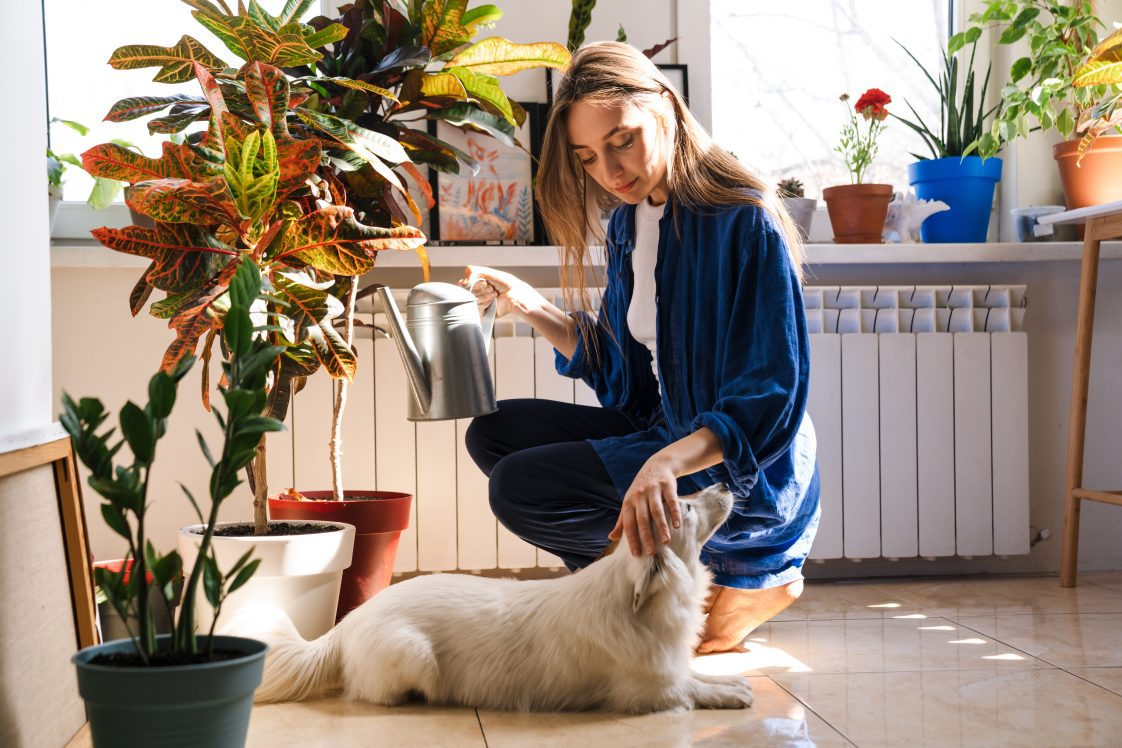 A woman watering plants with her pet at home.