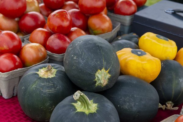 squash and tomatoes at a farmers market table