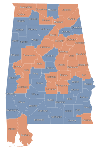 A map of the Alabama counties that have a certified breastfeeding friendly child care center.
