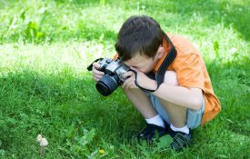 A young boy taking a picture with a camera of a mushroom.