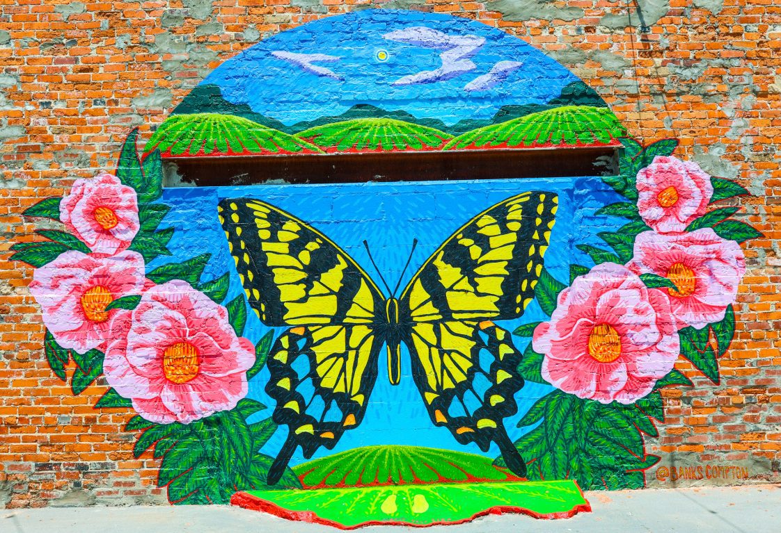 A butterfly mural that was painted at the renovated terrace in Linden, Alabama.