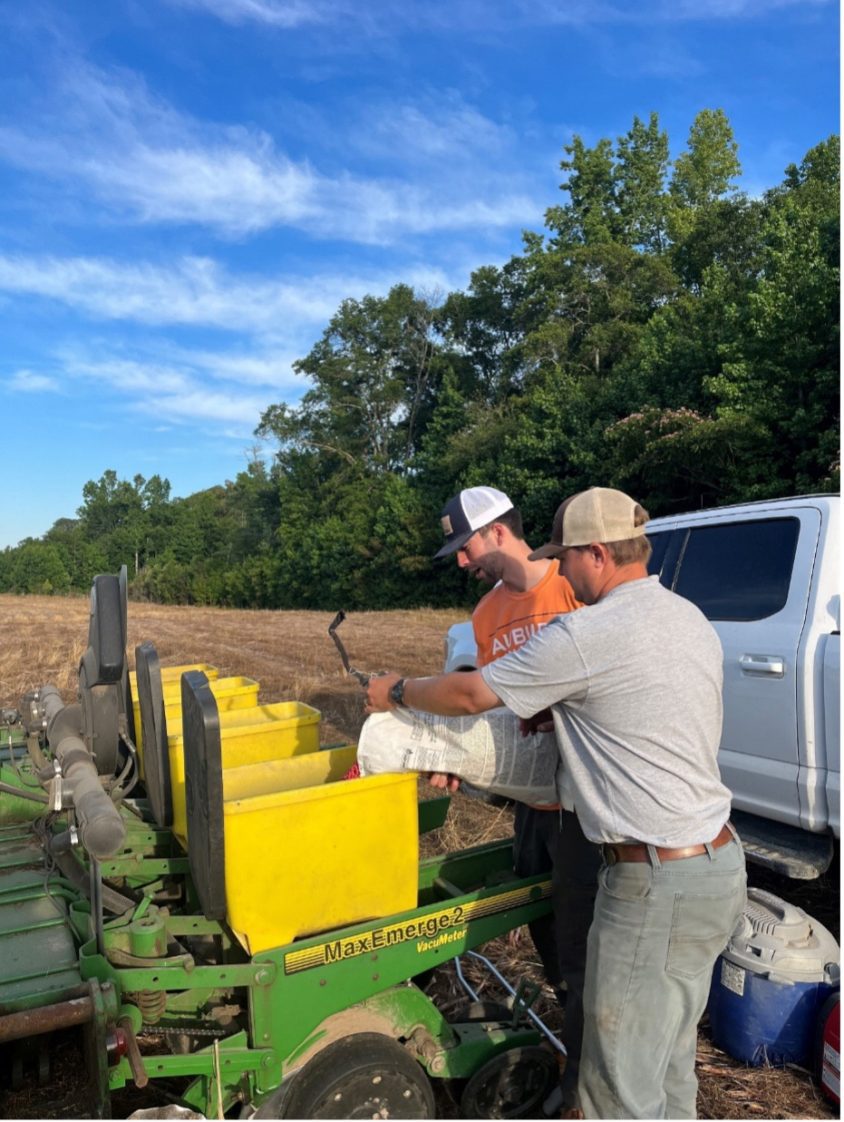 Figure 7. Alabama Extension intern Daniel Romine and Cade Grace load soybean seed for a variety trial in Walker County.