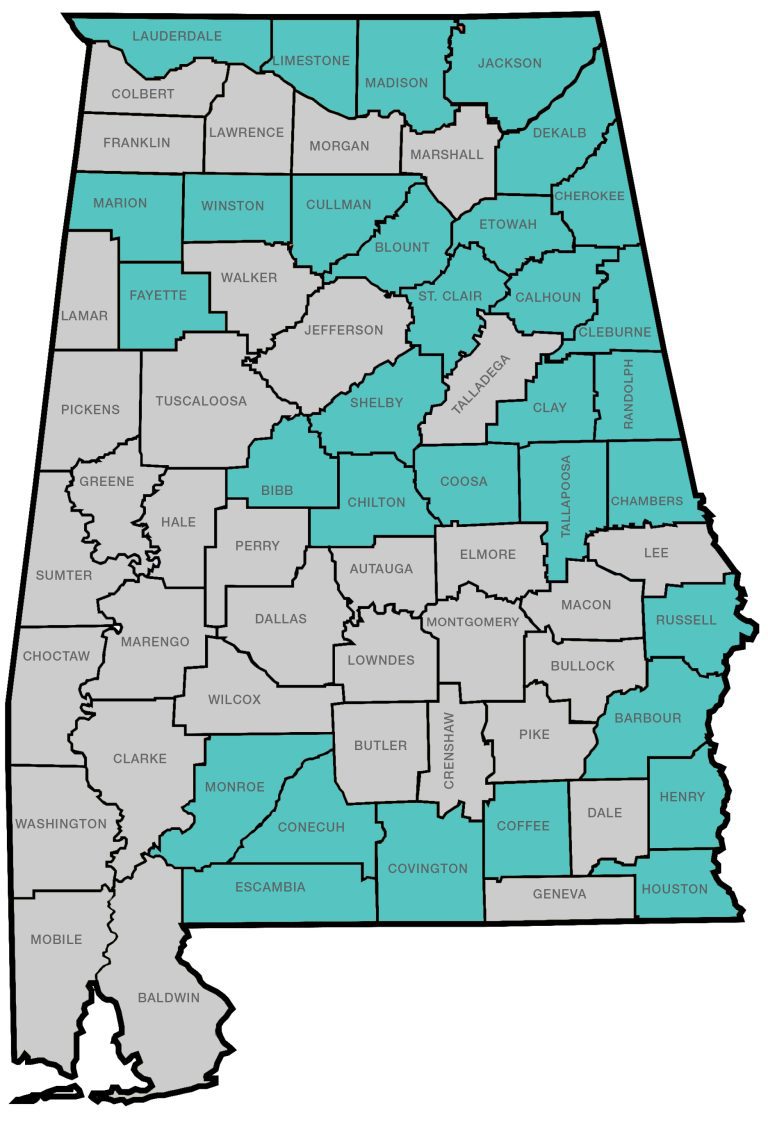 A map of the state of Alabama that highlights the counties that have a 4-H RiverKids program in blue.