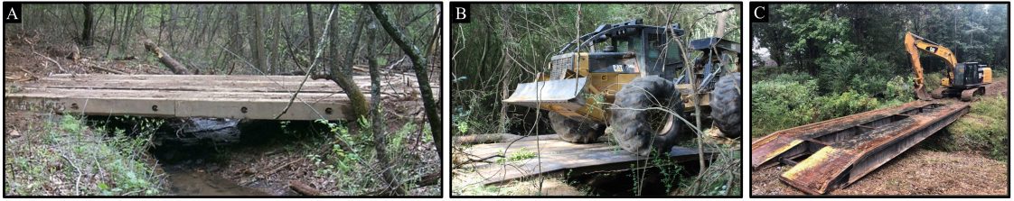 Figure 15. Portable bridge stream crossings: (A) wood panel, (B) steel panel, (C), steel bridge. Correct: - All good crossing methods.(Photo credit for A and B: North Carolina Forest Service)