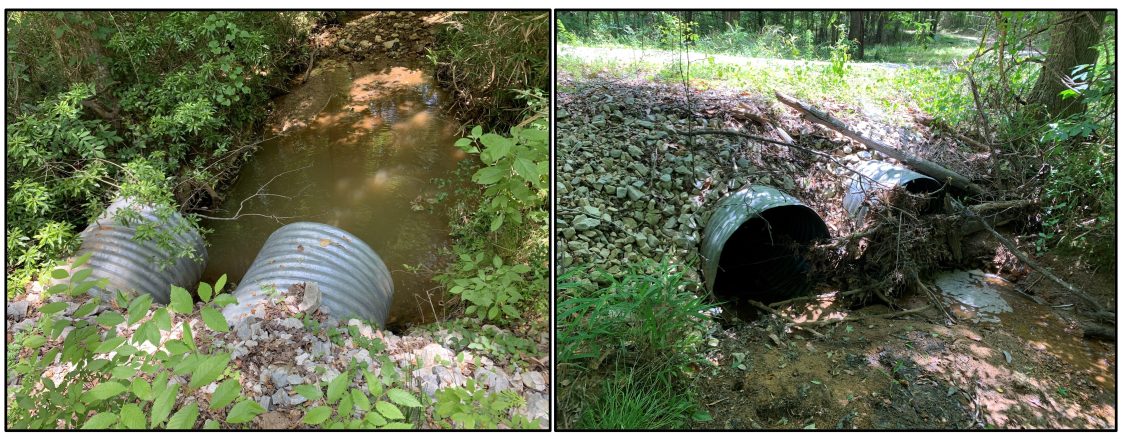 Figure 3. Permanent forest road culvert. Incorrect: Outflow side (left) is not on the stream channel bottom that is not allowing passage of fish and aquatic organisms and is also creating a plunge pool. The inflow side (right) needs to be cleared of debris to reduce the chance of stormwater overtopping the culvert and potentially eroding the fill and roadway.