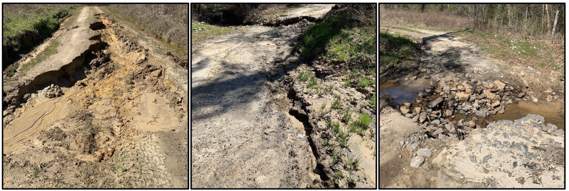 Figure 6. Permanent forest road culvert. Incorrect: Severe erosion on forest road stream crossing approach with erosion leading directly into the stream. This resulted in three issues: (1) water quality degradation from sedimentation, (2) washed out culvert, and (3) the need for significant road and culvert repair. No water diversion device or rock was applied on the stream crossing approach