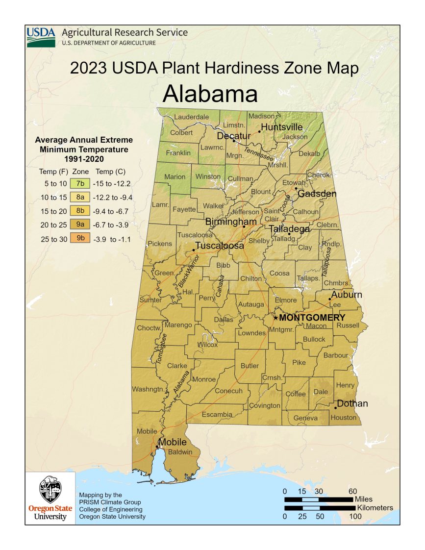 2023 USDA Plant Hardiness Zone Map for Alabama.