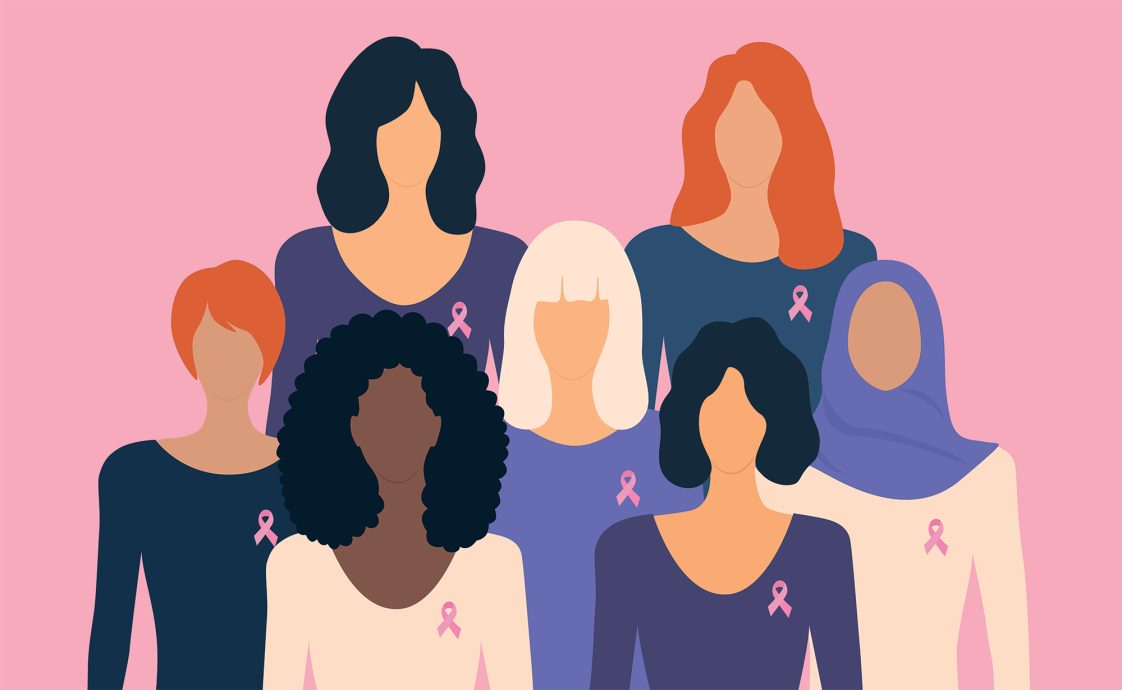 A diverse group of illustrated women all wearing a pink ribbon for breast cancer awareness.