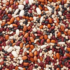 Top view of lots of white beans varieties (kidney bean, black bean, black-eyed pea, lima bean, pinto bean).