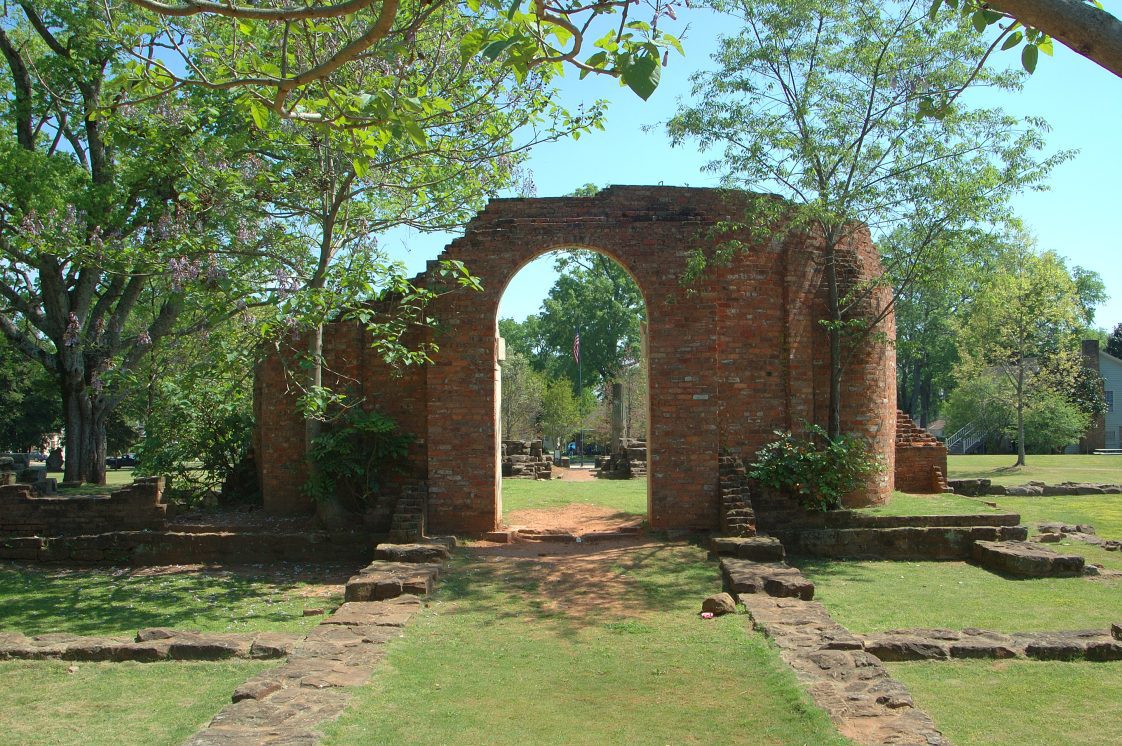 Capitol Park in Tuscaloosa, Alabama. Reconstructed architectural features of the Capitol building when Tuscaloosa was the state's capital from 1826-1846. Designed by state Architect William Nichols, this archaeological site uses actual bricks and stonework from the original Capitol building to outline the ground floor plan and the partial rotunda. Several of the massive columns have been repaired and placed on their original sites.