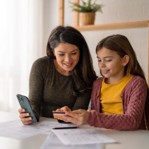 Shot of a young woman using a mobile phone and a credit card with her daughter at home.