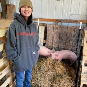 girl standing next to two pigs in a pen; pig squeal project