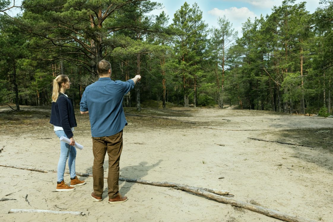 A man and a woman survey a wooded area of land.