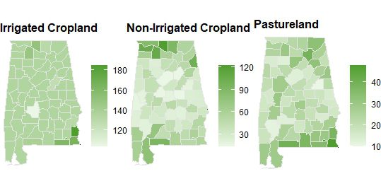 Figure 2. Cash rental rate maps for irrigated cropland, non-irrigated cropland, and pastureland.