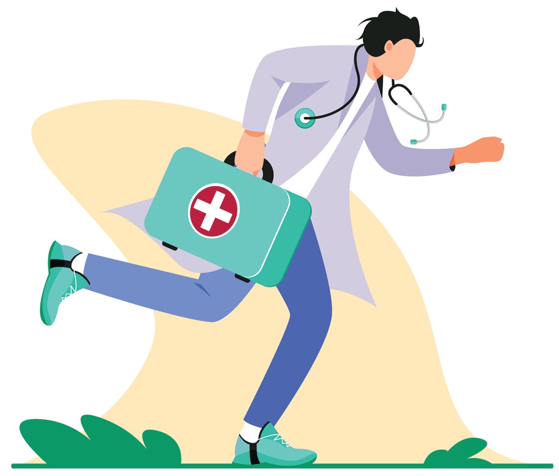 An illustrated graphic of a doctor in a white coat running while holding a medical bag.