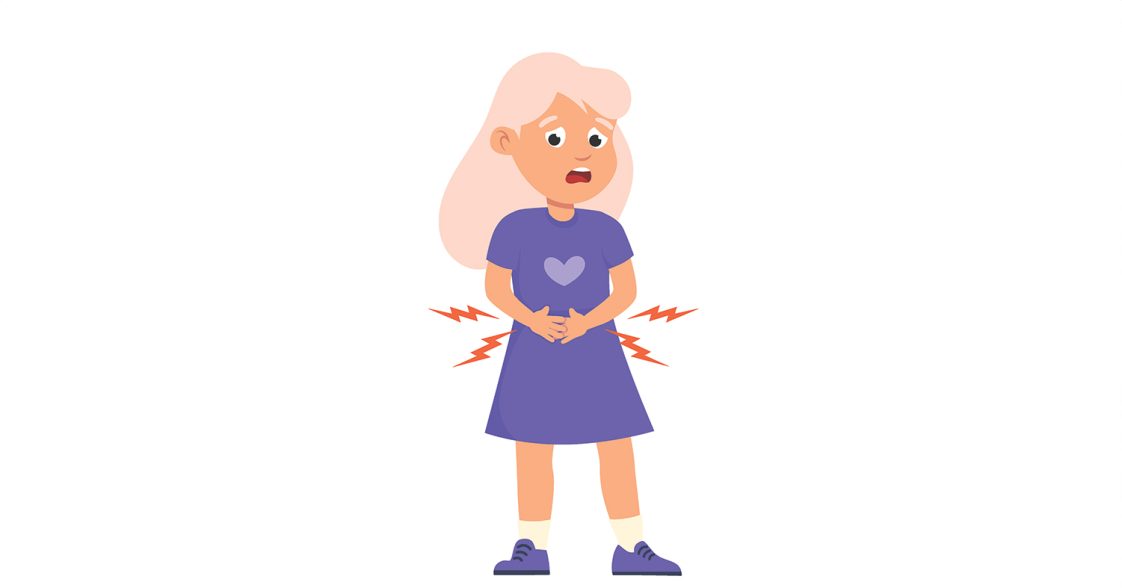 A illustrated graphic of a young girl holding her stomach with pain lines radiating from her body.