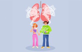 An illustrated graphic of one male and one female teenager vaping with a set of lungs surrounded by smoke above them.