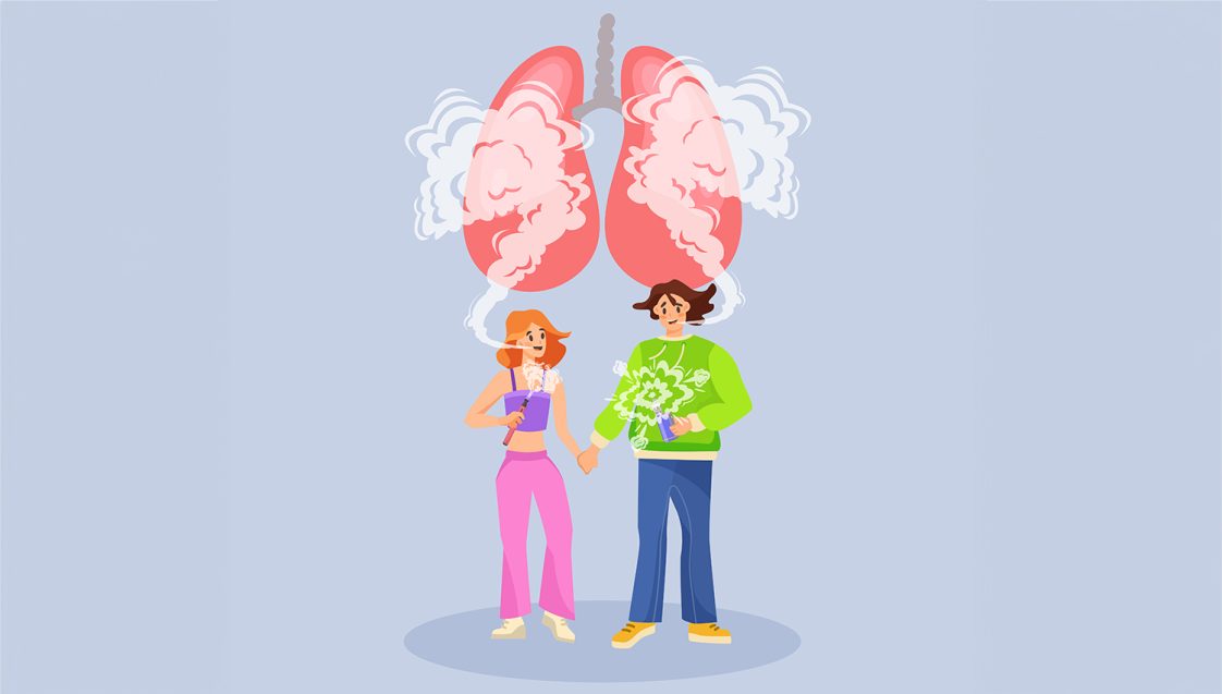 An illustrated graphic of one male and one female teenager vaping with a set of lungs surrounded by smoke above them.