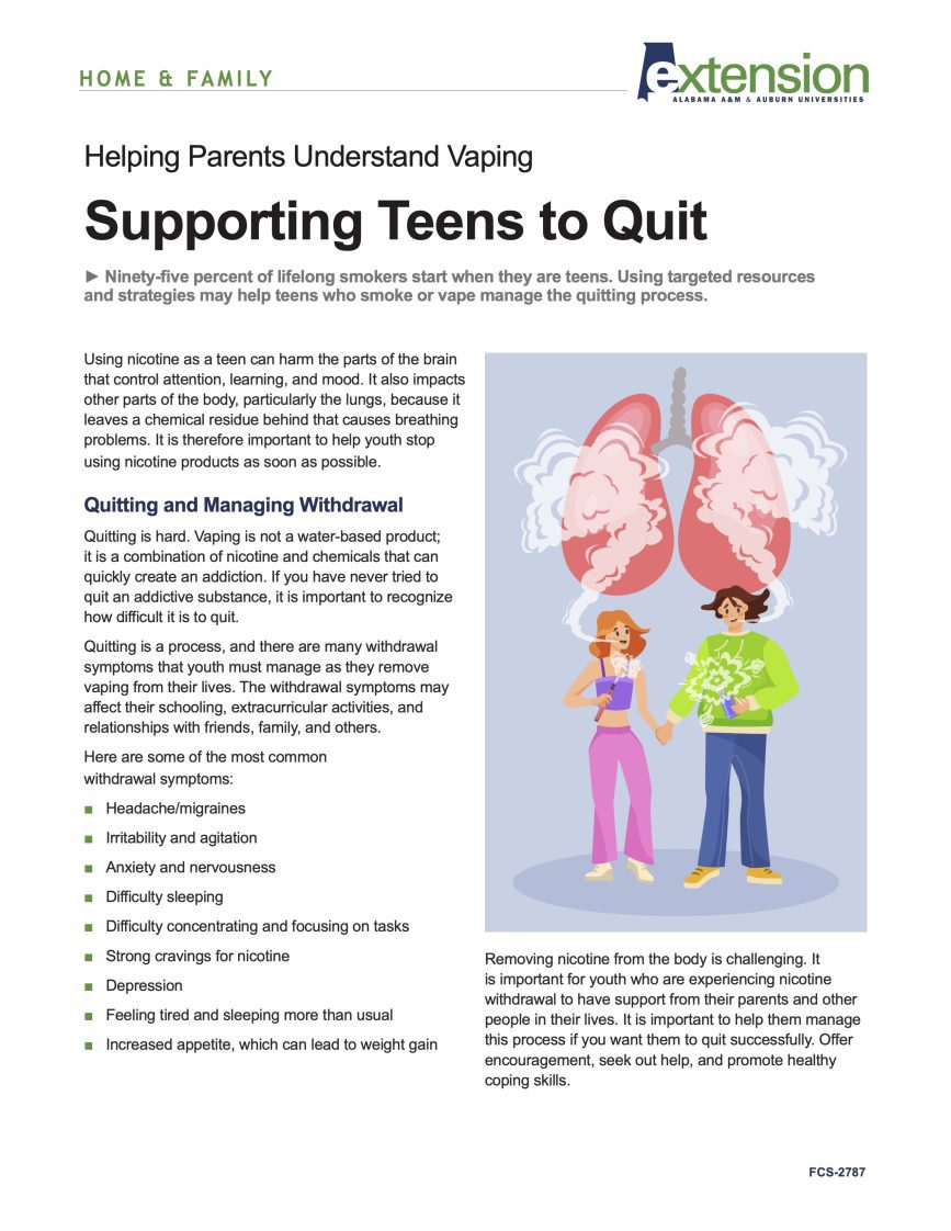 The front page of the Helping Parents Understand Vaping: Supporting Teens to Quit publication.