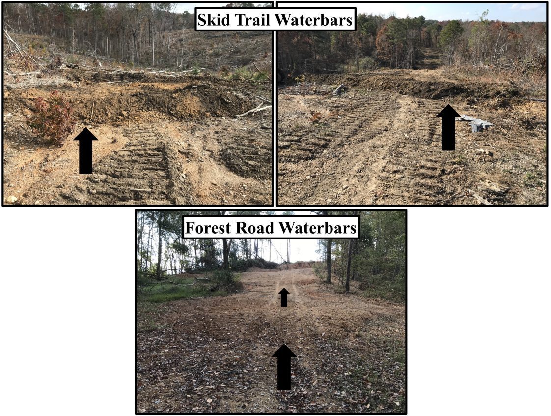 Figure 10. Skid trail water bars (top) need to be installed on sloped sections of skid trails. It is critical to install them on stream crossing approaches. Skid trail water bars can be larger and wider than forest road water bars (bottom) since they do not have to be designed for vehicle passage.